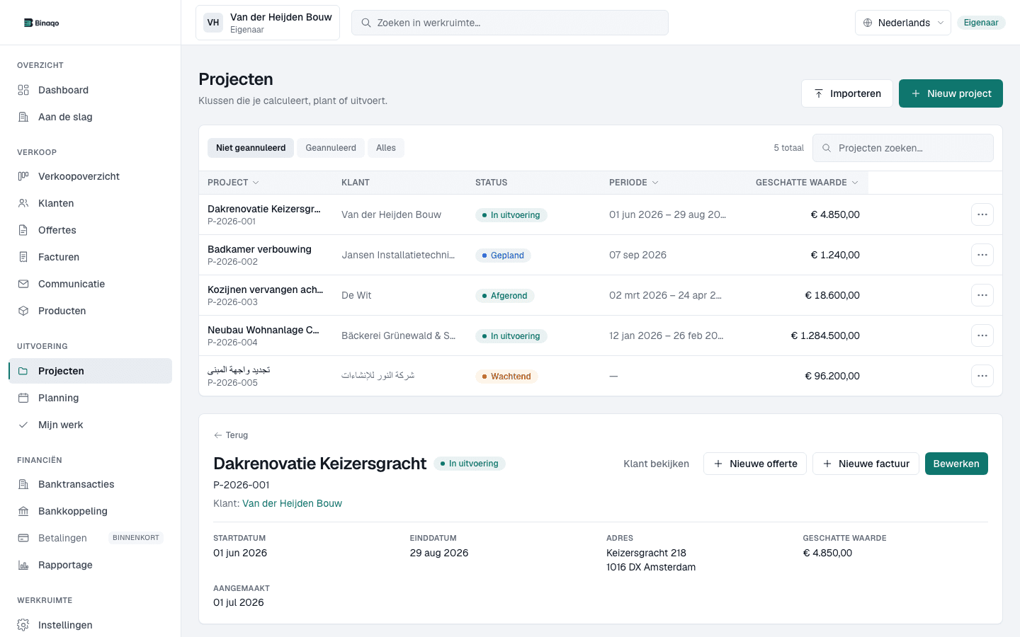 Binaqo-Projektliste mit fiktiven Aufträgen, Kunden und Status.